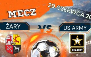 zajawka o towarzyskim meczu piłkarskim Żary vs. US Army który odbędzie się na stadionie KS Promień Żary, przy ul. Zwyciezców 38, 29 czerwca 2025 roku o godz. 12:00